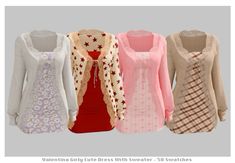 four sweaters with different colors and patterns are shown in three rows, one is pink, the other is white