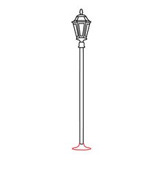 a black and white drawing of a street light with red paint on the bottom line