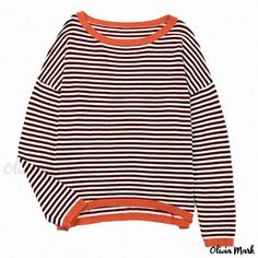 Olivia Mark - Striped Color Block Knit Sweater with Drop Shoulder and Long Sleeves Casual Knit Sweater With Contrast Stripes, White Casual Sweater With Contrast Stripes, Coffee Sweater, Striped Knitted Sweater, Sleeves Clothing, Off Shoulder Sweater, Loose Sweater, Belleza Natural, Batwing Sleeve