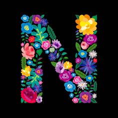 the letter n is made up of flowers and leaves on a black background, it appears to be painted in bright colors