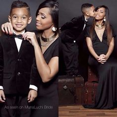 a man and woman pose for a photo with their son, who is dressed in a tuxedo