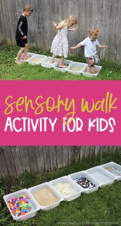 two children playing in an outdoor play area with the words sensory walk activity for kids