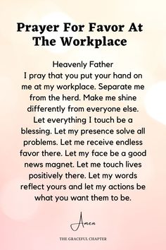 a prayer for the workplace that is written in black on a pink and white background