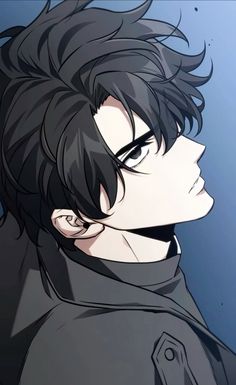 an anime character with black hair wearing a black coat and looking off to the side