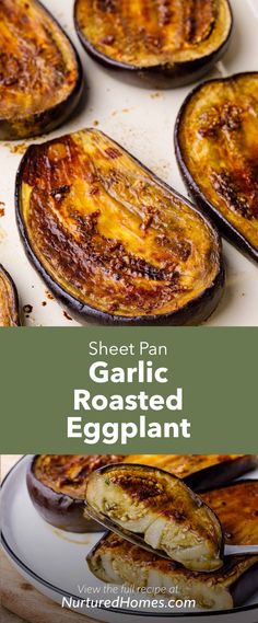 baked eggplant on a plate with text overlay that reads sheet pan garlic roasted eggplant