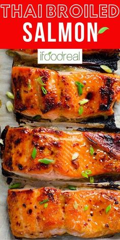 grilled salmon on a sheet of parchment paper with text overlay that reads thai broiled salmon