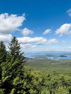 a scenic view of trees and water from the top of a hill with clouds in the sky