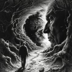 a man standing next to another man in a tunnel filled with trees and lavas