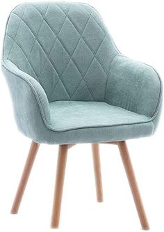 a light blue chair with wooden legs and a quilted upholstered backrest