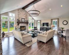 a living room filled with furniture and a fire place in the middle of a room