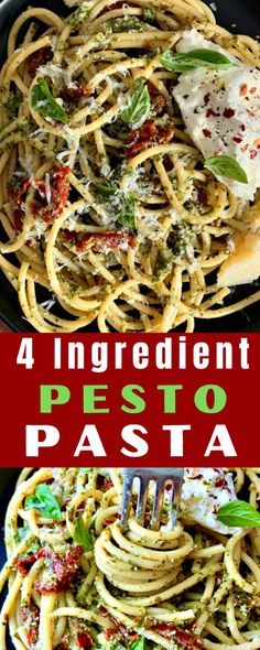 pasta with pesto and parmesan cheese is shown in three different pictures, including the