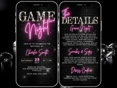 the game night party flyer is displayed on an iphone with neon lights and black background