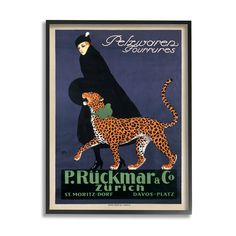 an old poster with a woman and a leopard on it's back, in black frame