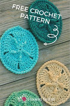 three crocheted coasters with the words free crochet pattern 3