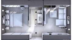 an overhead view of a bedroom and living room in a small apartment with two beds