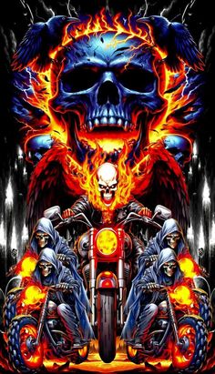 a motorcycle with flames and skulls on it