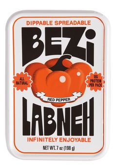 the label for bezi labneh is shown in an orange and white tin