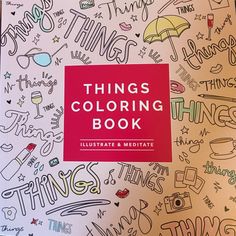 an adult coloring book with doodles and lettering on the cover is shown in red