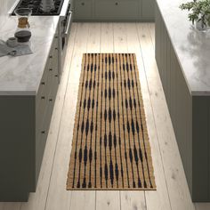 a kitchen with an area rug on the floor and counter tops in front of it