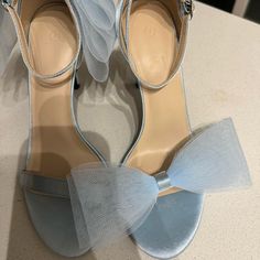 Baby Blue Tulle Satin Bow Heels Size 7 Brand New Blue High Heels With Bow, Blue Bow Heels For Formal Occasions, Blue Heels With Bow For Formal Occasions, Blue Formal Heels With Bow, Blue Open Toe Heels With Bow, Blue Pointed Toe Heels With Bow, Spring Wedding Blue Heels, Blue Heels With Bow, Satin Bow Heels