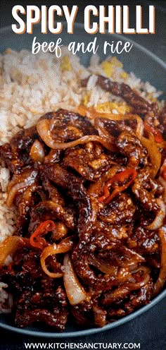 spicy chilli beef and rice in a skillet with text overlay that says spicy chili beef and rice