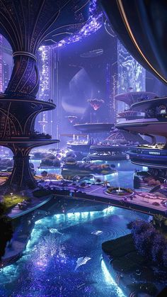 a futuristic city with lots of lights and water