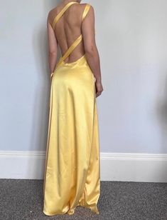 Beautiful Slip Backless Dress  Comes in two sizes Uk 8 and Uk 10 - fabric has some stretch  If you have any questions please message Backless Maxi Dresses Formal, Yellow Backless Prom Dress, Long Silk Backless Dress, Backless Casual Dress, Backless Wedding Guest Dress, Back Less Dress, Gold Backless Dress, Uk Prom Dresses, Backless Formal Dress