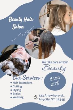 a flyer for a hair salon with pictures of women's hair and the words beauty salon