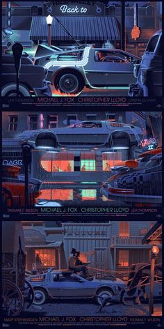 the back to the future movie poster is shown in three different stages, including an image of