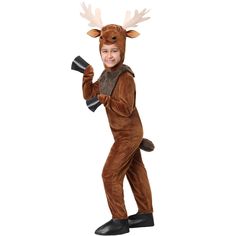 a young boy wearing a reindeer costume and holding an object in one hand while standing up