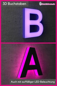 the letters are lit up in pink and blue light, with an illuminated letter below them