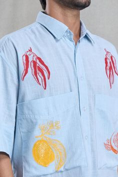 Light blue shirt featuring red hand painted motif in the front. - Aza Fashions Light Blue Shirt, Light Blue Shirts, Shirt Pattern, Blue Shirt, Aza Fashion, Casual Shirts For Men, Half Sleeves, Cotton Shirt, Casual Shirts