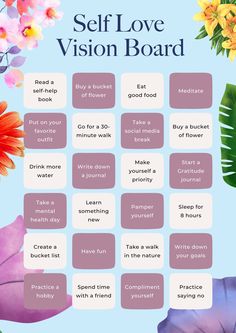 the self love vision board with flowers and leaves