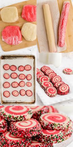 the process of making christmas cookies is shown here, including red and white sprinkles