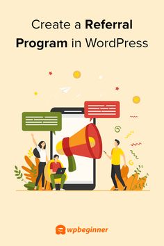 the cover of a refer program for wordpress, with people holding a megaphone