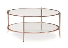 a glass and metal coffee table with two shelves on one side, the top is round