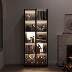 a room with a fireplace and some shelves filled with books, vases and other items