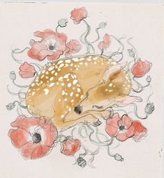 a drawing of a fawn sleeping among flowers