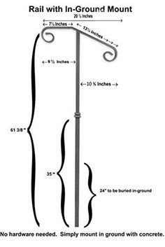 the diagram shows how to install an iron - mounted light pole with rail width in ground mount