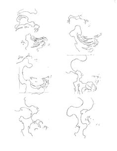 several drawings of different shapes and sizes on a white paper background, with one line drawn to the left