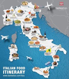 an illustrated map of italy with all the main food and drink items in each country