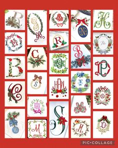 cross stitch christmas alphabets and numbers on red background with holiday wreath, pine cones, holly berry berries, monogrammed letters