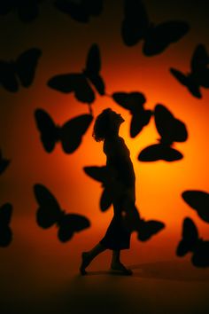 the silhouette of a woman walking past many butterflies