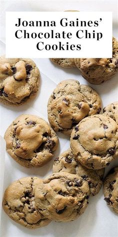 chocolate chip cookies on a white plate with the title overlay reads, joanna gains'chocolate chip cookies