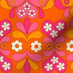 an orange and pink flowered pattern with white flowers on the bottom right corner is shown