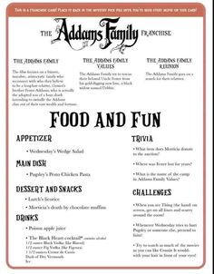 Movies With Food Themes, Disney Movie Night Menu Halloween, Fall Family Movie Night Ideas, Adams Family Movie Night Food, Adams Family Dinner And A Movie, Addams Family Dinner And A Movie, Dinner And A Movie Halloween, Halloween Movie Meals, Horror Movie Themed Dinner Ideas