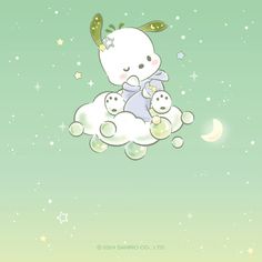 a cartoon character sitting on top of a cloud with two small babies in it's lap