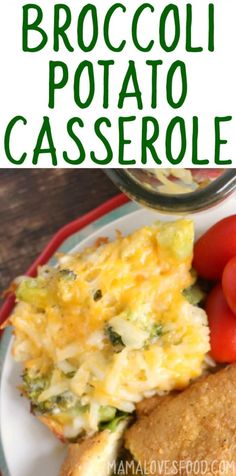 broccoli potato casserole on a plate with tomatoes and other food items