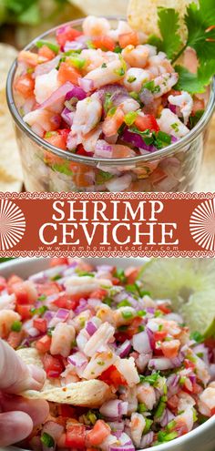 shrimp ceviche in a glass bowl with tortilla chips and cilantro