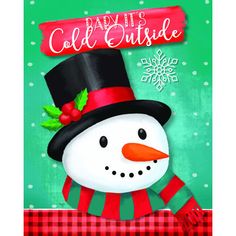 a christmas card with a snowman wearing a top hat and scarf on it's head